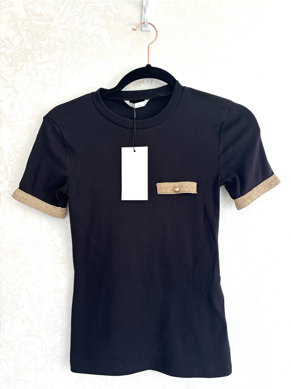 NWT Zara Black Short-Sleeve Tee with Gold Trim S